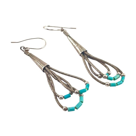 Boho 1970s Silver & Turquoise Beaded Dangle Earrings 2" Bohemian Chic Jewelry - Picture 5 of 8